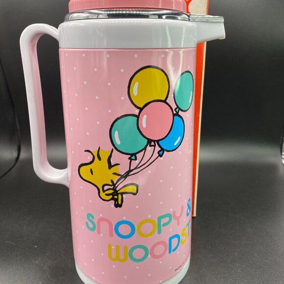 Vintage 1965 Peanuts Snoopy and Woodstock Thermos Vacuum Flask Pastel Pink VTG - Picture 6 of 12